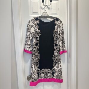 🖤 Eliza J Black & White Baroque Print Dress with Hot Pink Trim – Size 2P 🖤